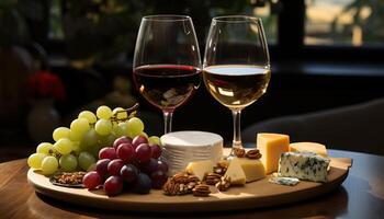 AI generated Gourmet meal wine, cheese, bread, fruit a picnic delight generated by AI photo