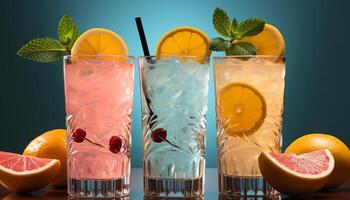 AI generated Fresh fruit cocktail with ice, lemon, lime, and mint leaf generated by AI photo