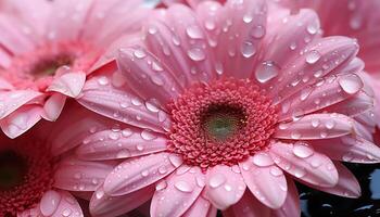 ai generado vibrante rosado gerbera margarita flores con Rocío, un naturaleza regalo generado por ai foto