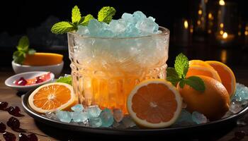 AI generated Fresh citrus fruit cocktail with mint leaf, a refreshing summer drink generated by AI photo