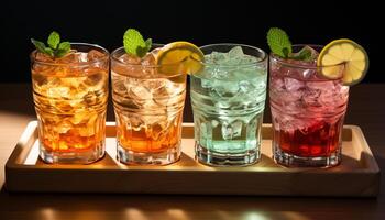 AI generated Refreshing cocktail with ice, fruit, and a splash of soda generated by AI photo