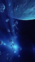 a large cluster of asteroids near an unknown planet, vertical video