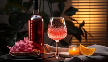 AI generated Luxury candlelight, wine bottle, glass relaxation, romance, comfortable pampering generated by AI photo