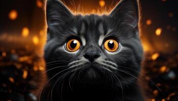 AI generated Cute kitten staring, playful and fluffy, in dark Halloween night generated by AI photo