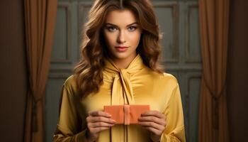 AI generated Young woman with brown hair holding a gift, smiling happily generated by AI photo