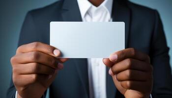 AI generated Successful businessman showing empty business card in close up studio shot generated by AI photo