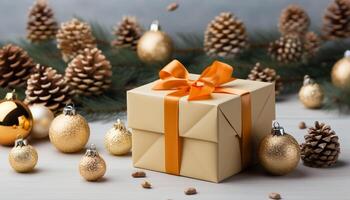 AI generated A festive gift box with shiny gold decorations and a pine cone generated by AI photo