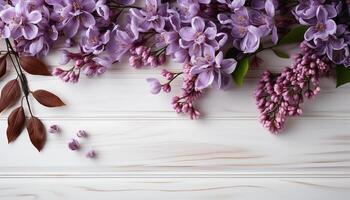 ai generado Fresco lila ramo de flores en rústico de madera mesa, un Perfecto regalo generado por ai foto