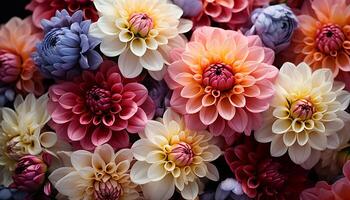 AI generated A vibrant bouquet of multi colored flowers brings freshness to nature generated by AI photo