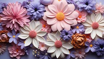 AI generated Abstract floral design with multi colored blossoms on a purple backdrop generated by AI photo