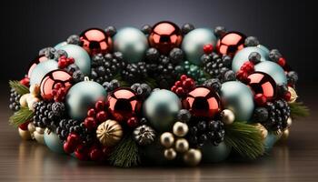 ai generado Navidad ornamento pelota en un brillante verde hoja decoración generado por ai foto