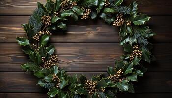 AI generated Rustic wood wreath frames nature celebration in winter season generated by AI photo