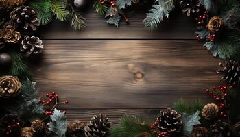 AI generated Winter celebration rustic wood table, gift, fir tree, snowflake backdrop generated by AI photo