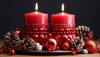 ai generado Navidad decoración luz de una vela ilumina el oscuro invierno noche, trayendo alegría generado por ai foto