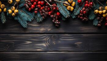 AI generated Rustic wood table with homemade Christmas decorations and snowflakes generated by AI photo