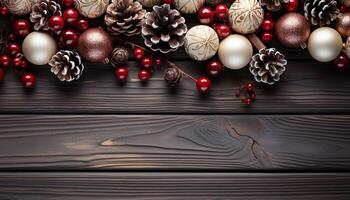 ai generado invierno celebracion rústico mesa decoración con adornado madera y regalos generado por ai foto