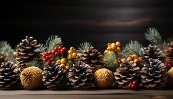 AI generated Winter celebration rustic wood table adorned with pine cone decor generated by AI photo
