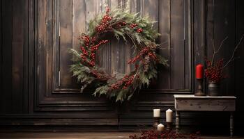 AI generated Rustic wreath decorates door, bringing warmth to winter season generated by AI photo