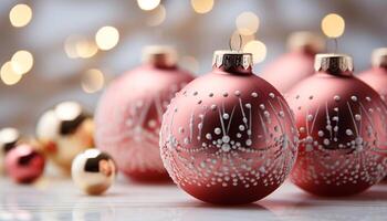 ai generado Navidad decoración brillante en mesa, vibrante oro pelota ilumina generado por ai foto