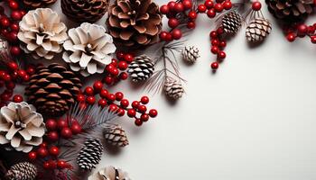 AI generated Winter celebration pine cone ornament decorates Christmas tree generated by AI photo