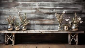 ai generado rústico madera mesa con florero, flor acuerdo, y decoración generado por ai foto