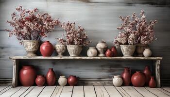 AI generated Old fashioned pottery vase with rustic flower arrangement on wooden shelf generated by AI photo