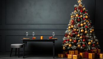 AI generated Cozy living room, illuminated Christmas tree, gift, celebration, winter generated by AI photo