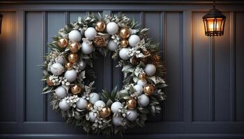 AI generated Winter celebration wreath decorates door, nature ornament frames cozy home generated by AI photo