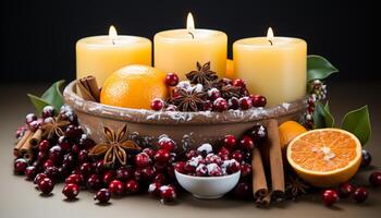 AI generated Fresh fruit and candlelight create a cozy winter celebration generated by AI photo