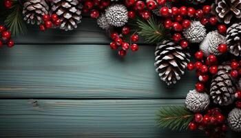 ai generado invierno celebracion regalo de naturaleza, Navidad ornamento en de madera mesa generado por ai foto