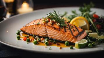 AI generated salmon on a plate with vegetables and lemon photo