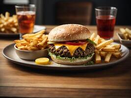 AI generated a hamburger with cheese and lettuce on a wooden cutting board photo