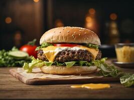 AI generated a hamburger with cheese and lettuce on a wooden cutting board photo