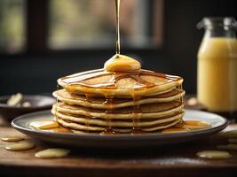 AI generated a stack of pancakes with syrup being poured over them photo