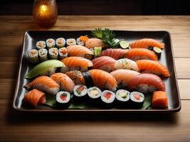 AI generated a tray of sushi on a wooden table photo