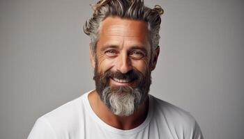 ai generado sonriente mayor hombre con gris pelo exuda confianza y felicidad generado por ai foto