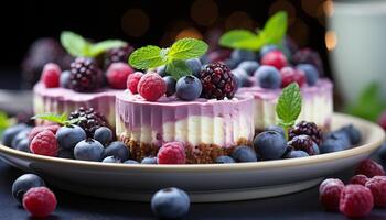 AI generated Fresh berry dessert on wooden plate with mint leaf decoration generated by AI photo