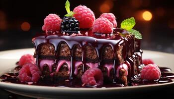 AI generated Indulgent chocolate dessert with fresh raspberry on gourmet plate generated by AI photo