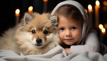 ai generado linda pequeño perro y niño sonriente, de pura raza perrito trae felicidad generado por ai foto