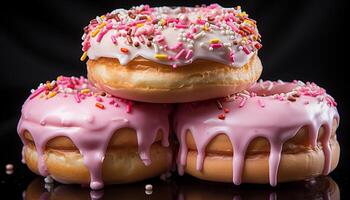 AI generated Homemade donut with pink icing, chocolate, and strawberry decoration generated by AI photo