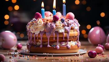 ai generado hecho en casa cumpleaños pastel con dulce Formación de hielo y vistoso decoraciones generado por ai foto