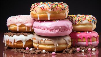 AI generated Stack of colorful donuts on a pink plate, tempting indulgence generated by AI photo