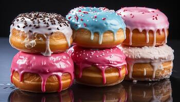 AI generated Freshly baked donut with pink icing and colorful sprinkles generated by AI photo