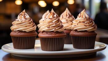 ai generado hecho en casa magdalena, dulce indulgencia, decorado con chocolate, un gastrónomo deleite generado por ai foto