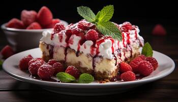 AI generated Fresh berry dessert with mint leaf on wooden table generated by AI photo