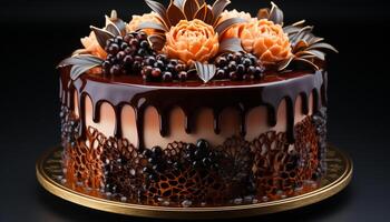 AI generated Homemade chocolate cake, sweet pie, and berry decoration generated by AI photo