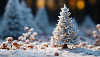 AI generated Winter forest with snow covered pine trees and frosty branches generated by AI photo