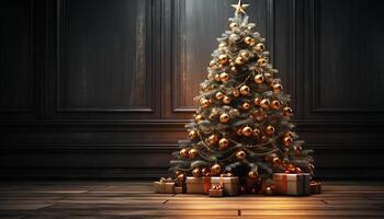 ai generado acogedor invierno celebracion con iluminado Navidad árbol y brillante regalos generado por ai foto