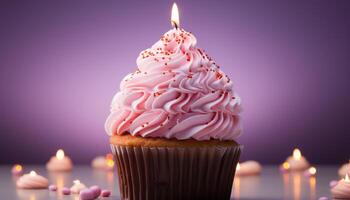 ai generado cumpleaños vela ardiente en un rosado magdalena con chocolate Formación de hielo generado por ai foto