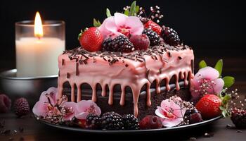 AI generated A delicious homemade chocolate cake with fresh berries and cream generated by AI photo